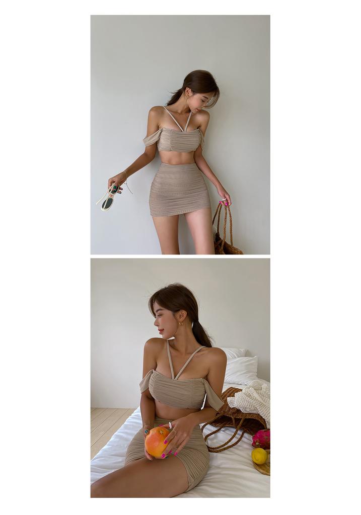 Source 1011 New Korean Version Mesh Pleated Sexy Tube Top Skirt One-word Shoulder High Waist Split Swimsuit Women