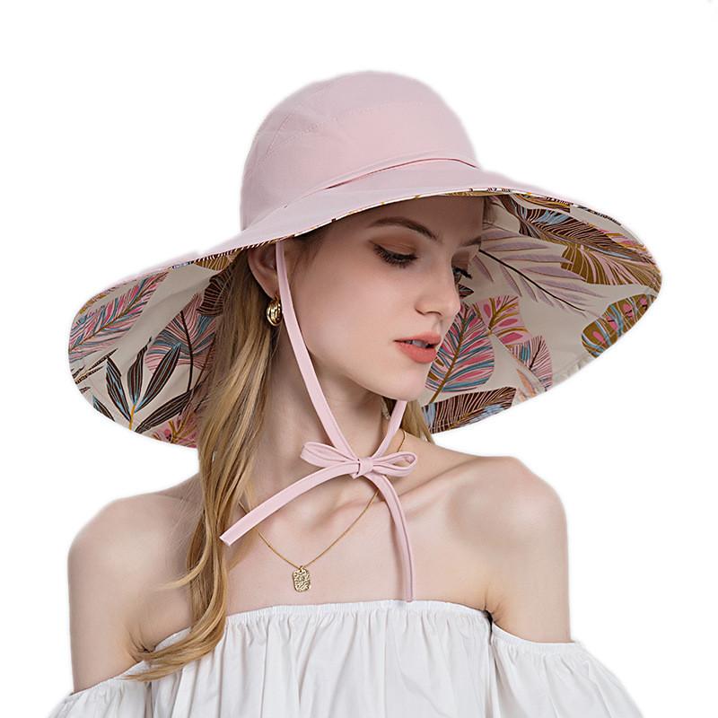 Sun Protection Hat For Women With Leaf Pattern Summer Wide Brim Cap For Beach And Outdoor Activities