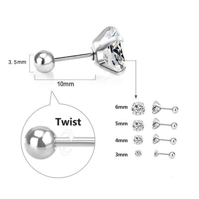 1 pár náušnic na pírko ze sterlingového stříbra se šroubkem pro ženy muže, jednoduché kulaté zirkony 3-6 mm, šperky pro piercing ucha