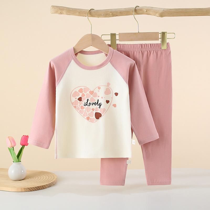 Children Cotton Raglan Long Sleeve Top and Pants Set Boys Girls Thermal Underwear for Spring Fall