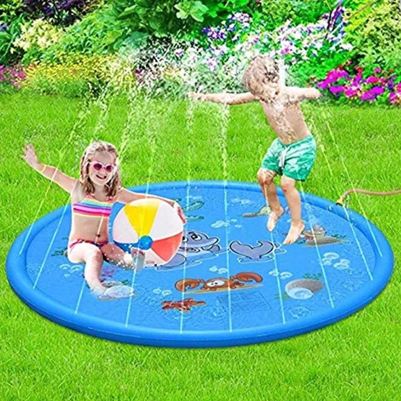 100/170cm Kids Inflatable Water Splash Play Pool-Outdoor Round Sprinkler Mat Funny Yard Water Spray Pad for Children Summer Fun