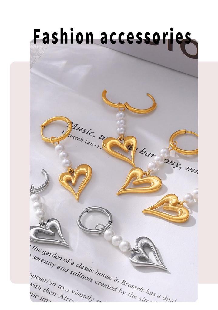 Titanium Steel 18k Gold Plated Heart Earrings with Cross Tassel and Imitation Pearl