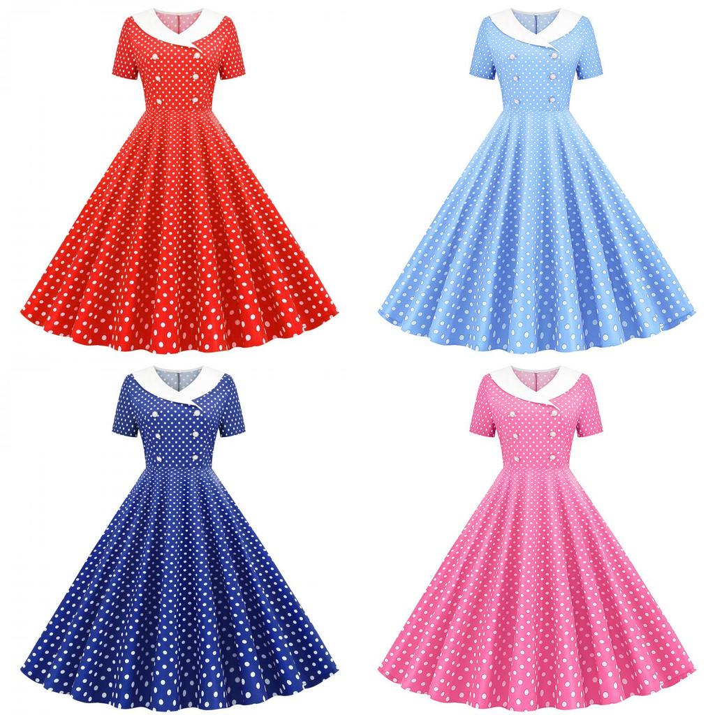 Vintage Polka Dot Print Midi Dress With Splicing Details For Casual Women