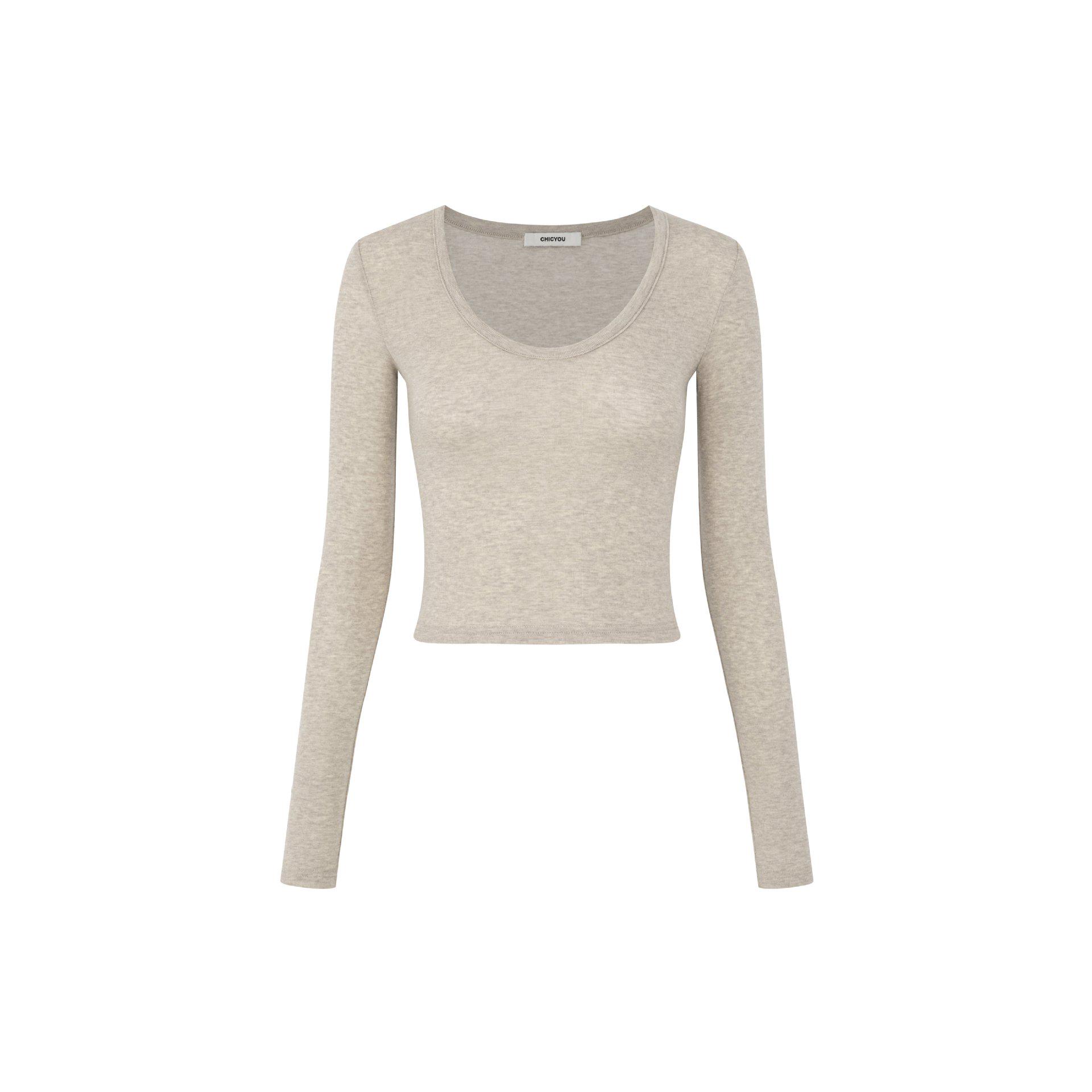 

CHICYOU Slim-Fit Lyocell Wool Tee - Large Round Neck, Long-Sleeved, Thin & Translucent, Super Flattering Top Small
