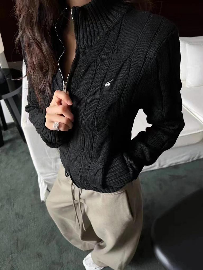 Vintage Twisted Stand-up Neck Sweater Jacket Women's College Autumn and Winter Short Small Embroidered Knitted Cardigan Top
