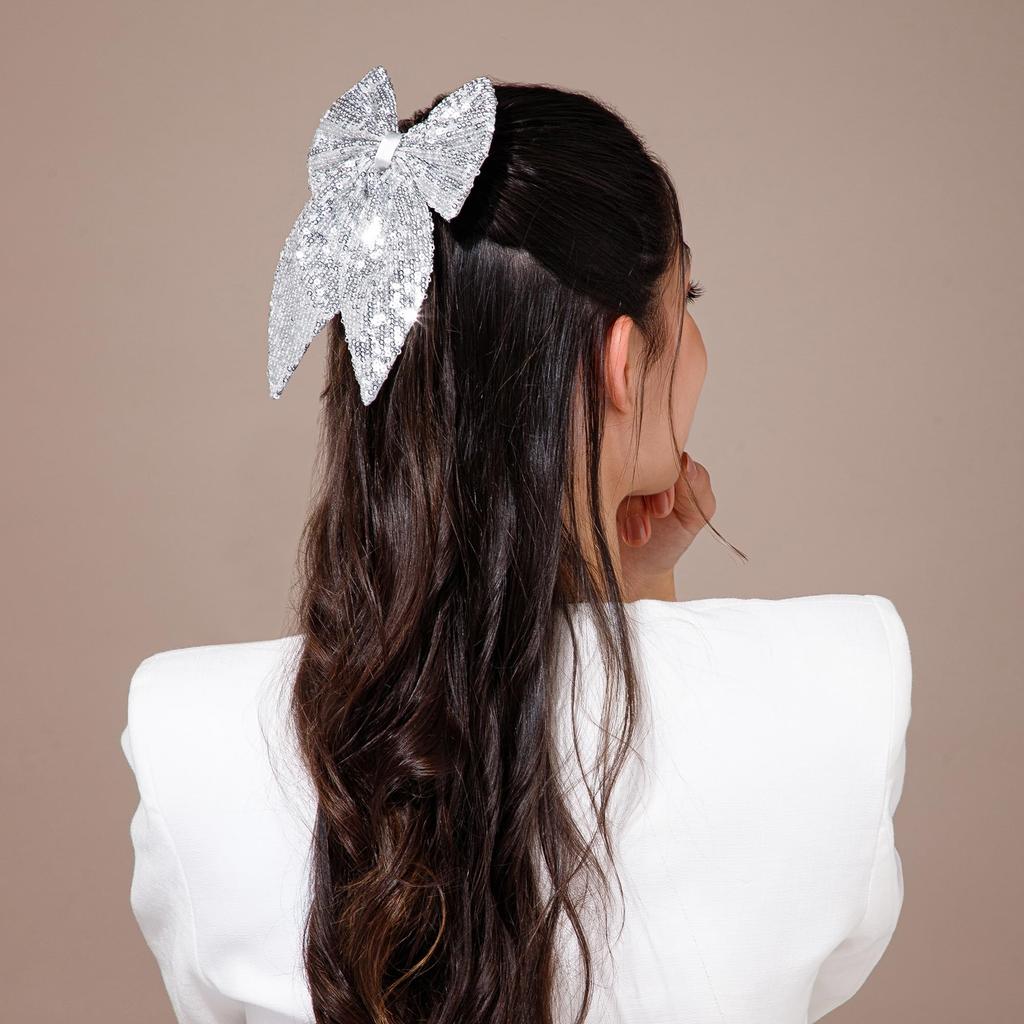 Radhu & Kabby Trendy Hair Bow Clip for Women/Girls | Comfortable Hair Accessories | Fancy & Stylish | Anti-Hair Breakage Hairclips | Glittery Silver