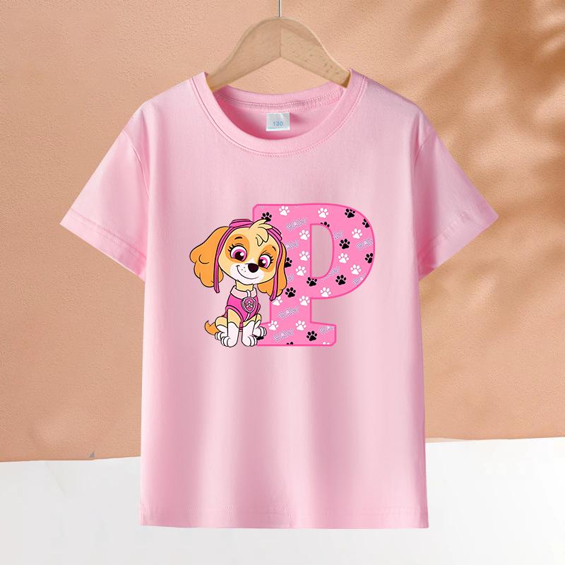 

PAW Patrol Child Pink Short Sleeve T-Shirt Girls Skye Polyester Tops Cartoon 26 Letter Printed Pullover Children Birthday Gifts 100