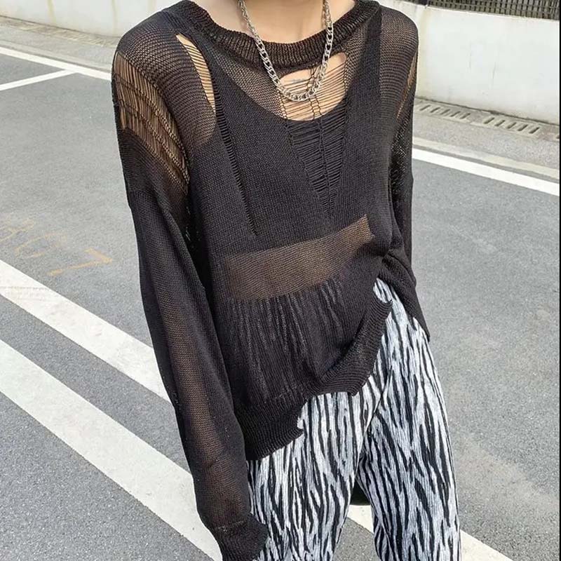 Y2K Schwarz Eis Seide Hohl Dünnen Pullover Damen Langarm Sonnenschutz Top Neue Sexy Lose Kintwear Ripped Bluse Punk stil Pullover