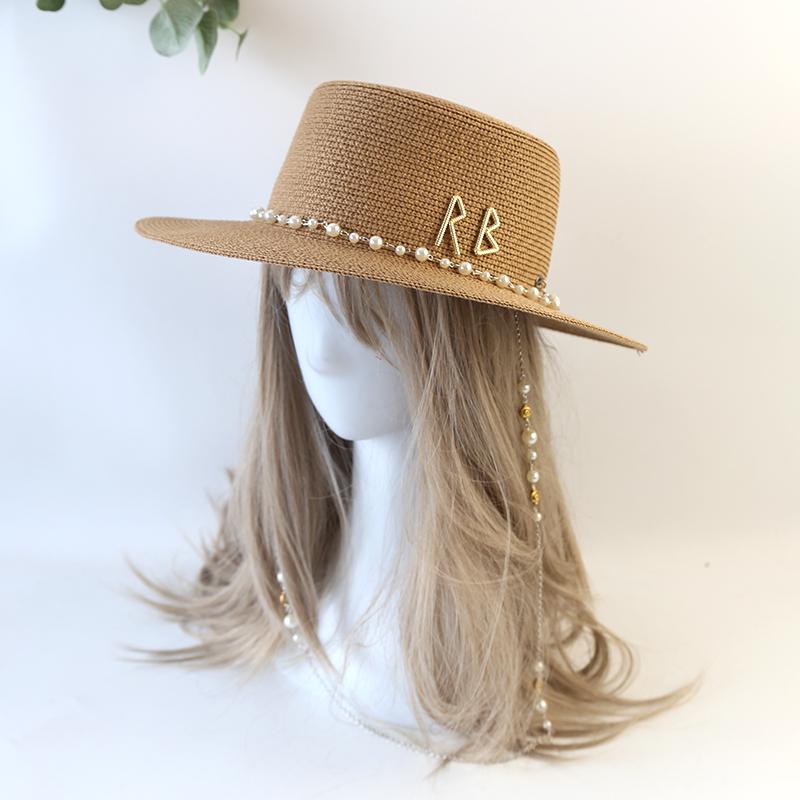 Neue Damen Sommerhüte Stroh-Sonnenhut Panama Elegante Stroh-Fedora-Hüte Damen Mädchen Outdoor-Urlaub mit Perlenkette Sonnenschutz Strandhut