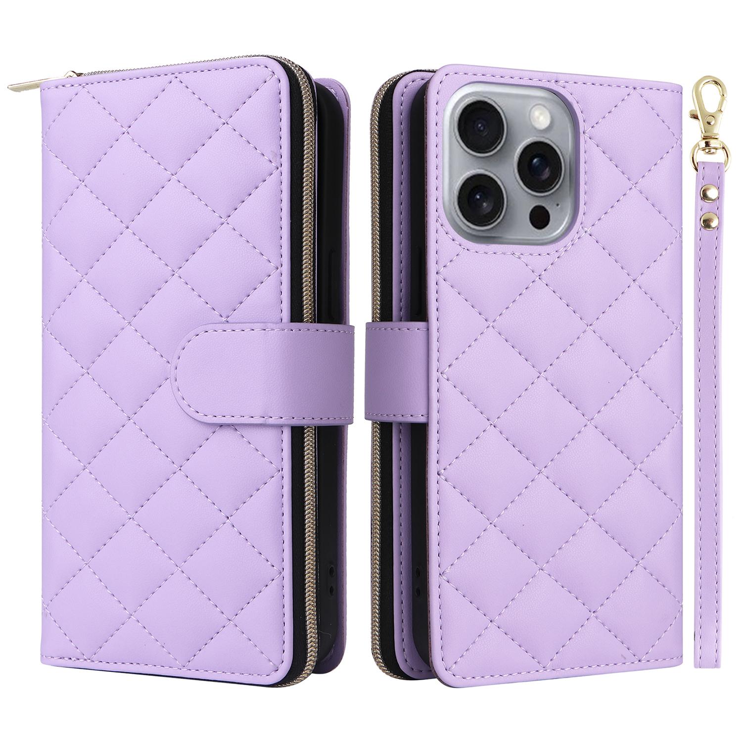 

Чехол для iPhone 16 Pro Кошелек на молнии Ромбовидный чехол для телефона из искусственной кожи с 2 ремешками Purple