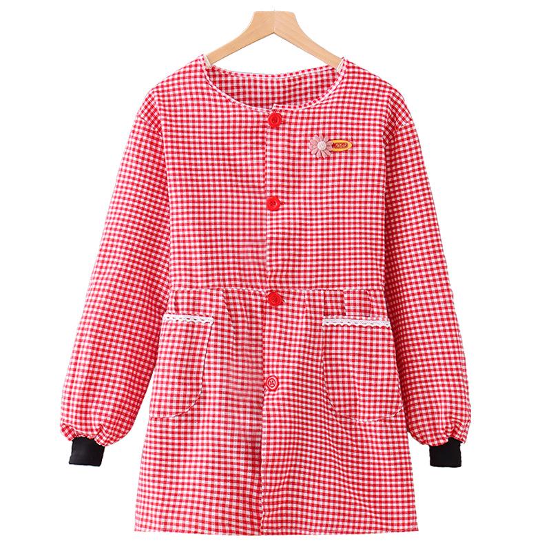 Plaid Long-Sleeve Apron Smock for Adults - Korean Style