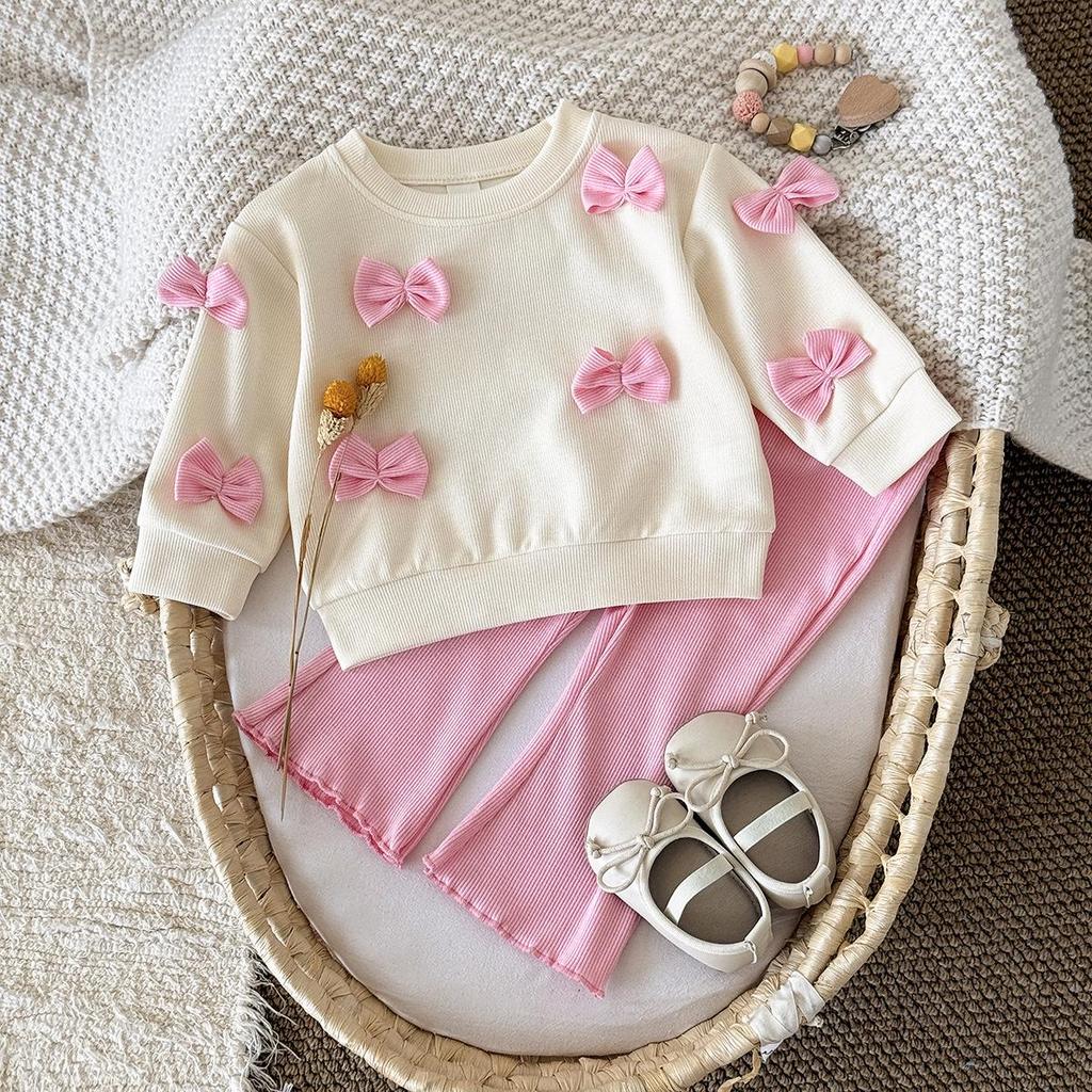 Conjunto Infantil de Duas Peças Top de Laço 3D e Calças Flare Estilo Coreano