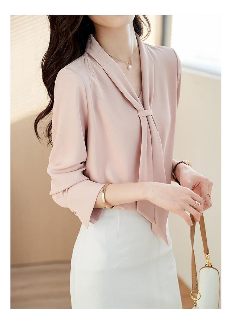 2024 High-End Dame Chiffon Båndbluse - Slankende Langermet, Allsidig Vår/Høst Mote