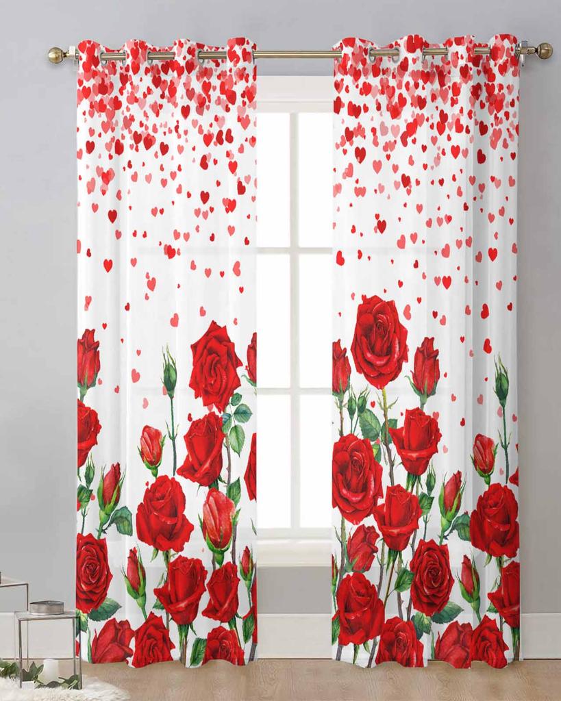 Valentine'S Day Hearts Red Roses Sheer Curtains for Living Room Decoration Window Curtains Kitchen Tulle Voile Organza Curtains