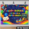 2D Colorful Balloon School Banner, Primer Grado First Grade Party Photo Booth Background