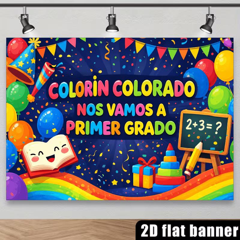 2D Colorful Balloon School Banner, Primer Grado First Grade Party Photo Booth Background