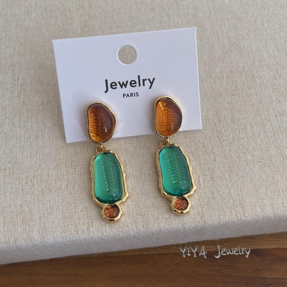 14K Real Gold Plated Copper Geometric Resin Long Drop Earrings For Women Stylish Contrast Statement Jewelry синий