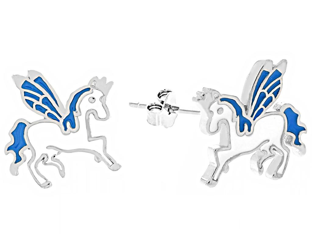 Silver Blue Unicorn Earrings Small Studs for Girls Enamel