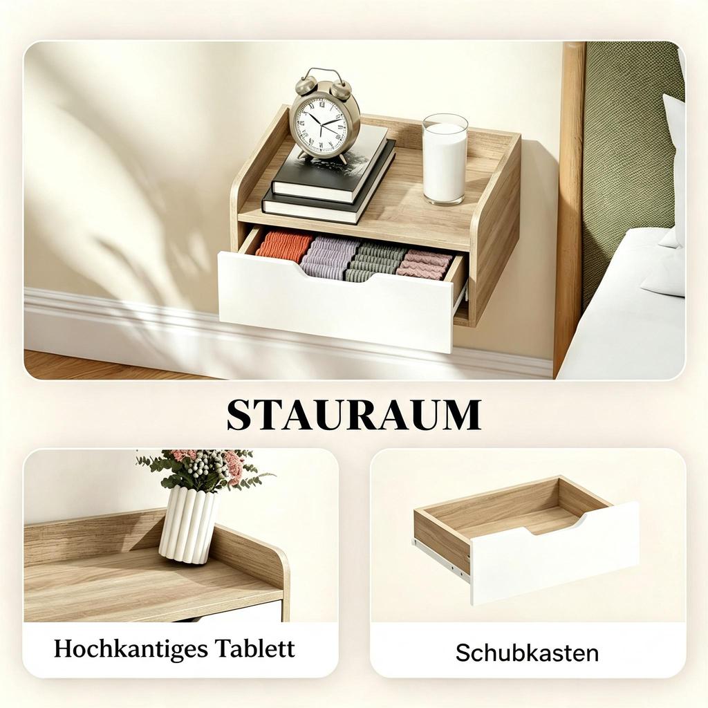 Set of 2 Wall-Mounted Bedside Tables with Drawer, Top with Raised Edges