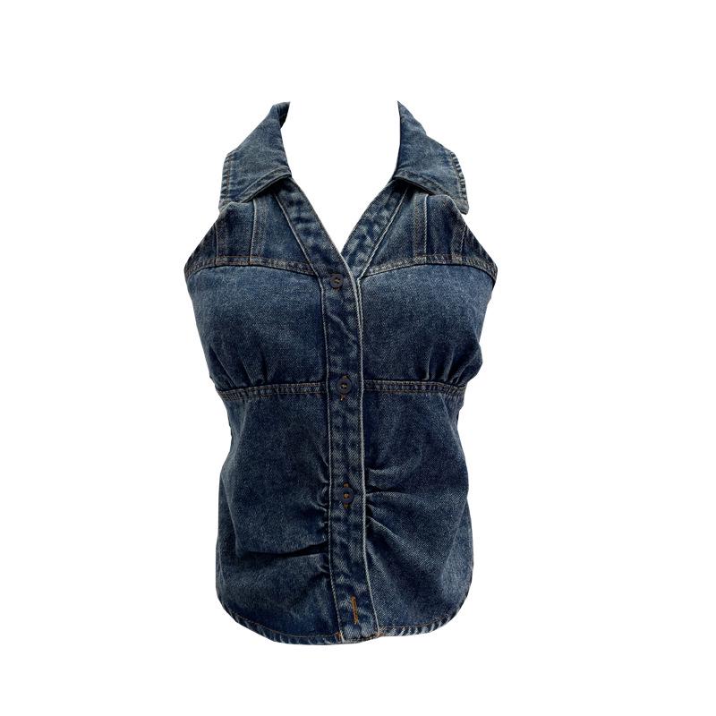Women's Halter V-Neck Denim Vest: Body-Hugging, Elastic Back, Short, Sleeveless Top. Style 830.