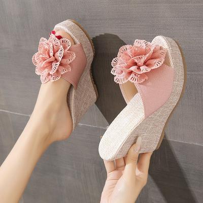 Fashion 2025 Summer Flowers Home and Outdoor Thick-soled One-Line Fish Mouth Sandals/Slippers Large Size Fashionable Wedge Women's Shoes