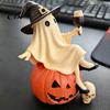 Spooky Desktop Ornament Cute Ghost Figurine, Sitting on Pumpkin Statue with Witch Halloween Gifts for Women Hat, Resin Tabletop Home Party Decor