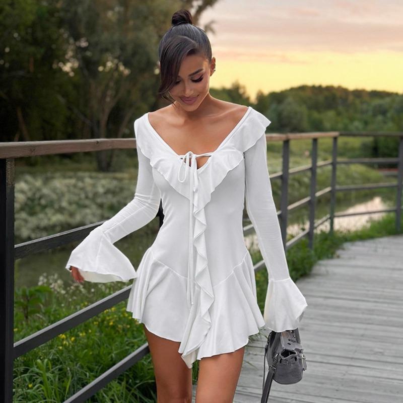 Fashion Sexy Big V Neck Irregular Mini Short Dress Ruffle Edge Flared Long Sleeve Slim Fit Evening Party Dress Streetwear Solid Color Women's Clothing