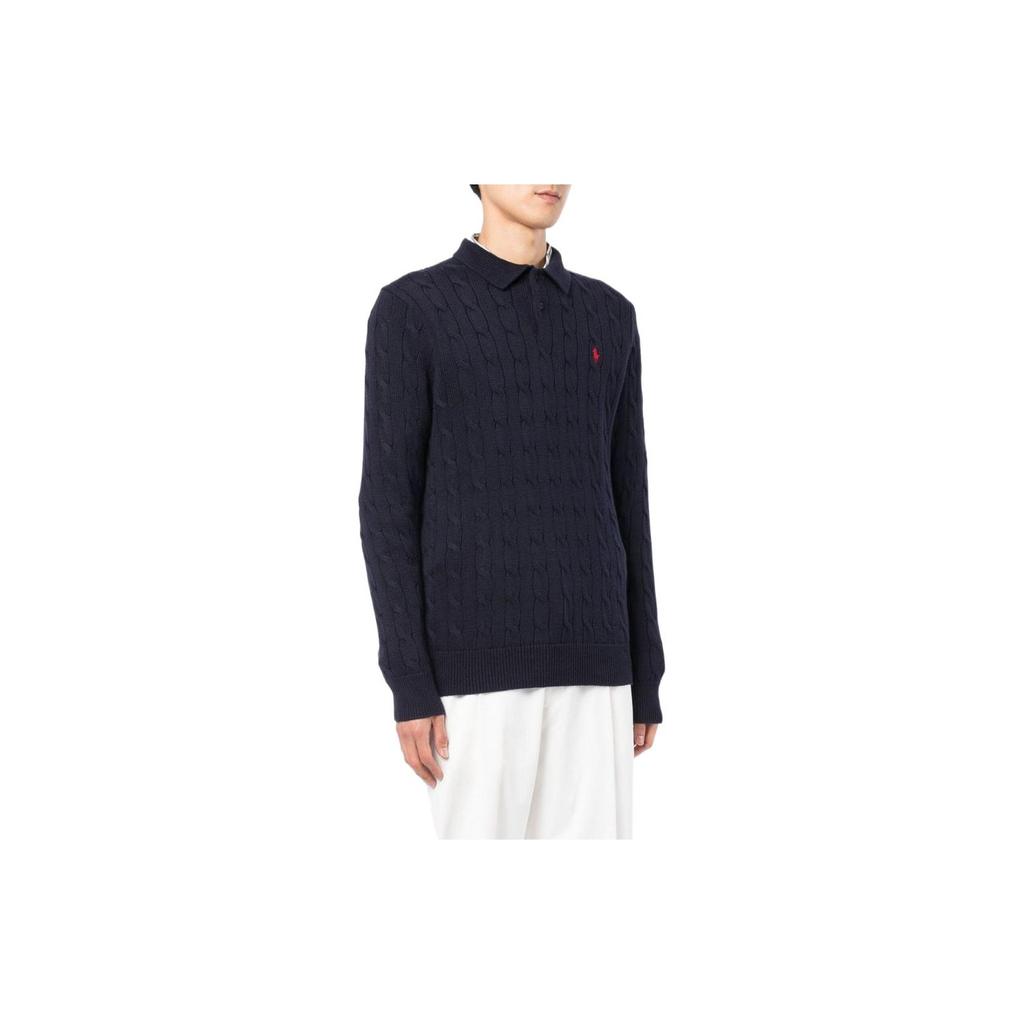 Polo Ralph Lauren Solid Color Chunky Cable Knit Polo Collar Sweater Men Sweaters Dark-Blue 710860351-002