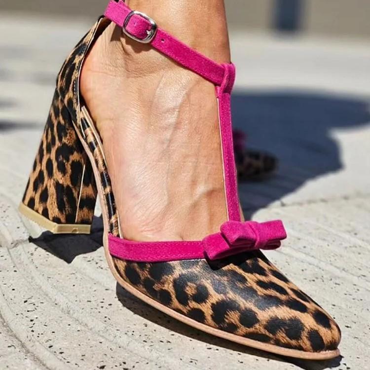 Sandali con Tacco Alto Estivi Donna Moda Stampa Leopardo Blocco di Colore Nodo a Farfalla Fibbia con Tacco Spesso Scarpe Singole da Donna