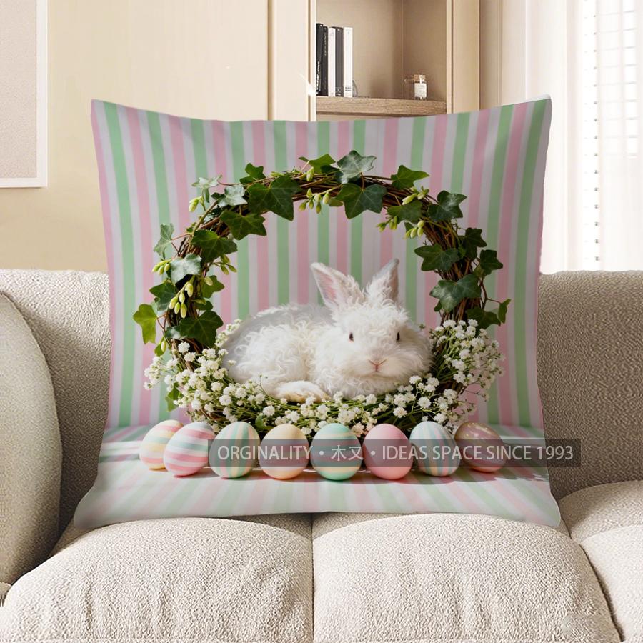 

2D Easter Bunny Wreath And Eggs Pillow Cover Pattern Cushion Cover Suitable For Sofa Bedroom Car Pillow Cover 40x40cm