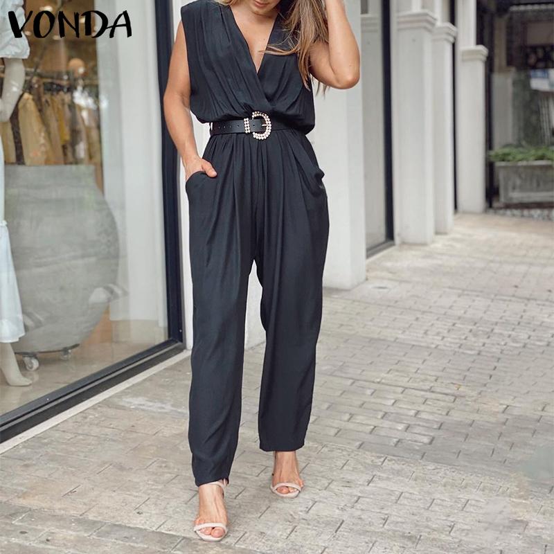 VONDA Summer Donna Moda Pleat Tunica Holiday Bodysuit Lungo Elegante Scollo  a V Senza Maniche Solido Casual Loose Maxi Jumpsuit Harem Pantaloni Plus  Size Romper acquista in modo economico — spedizione gratuita,