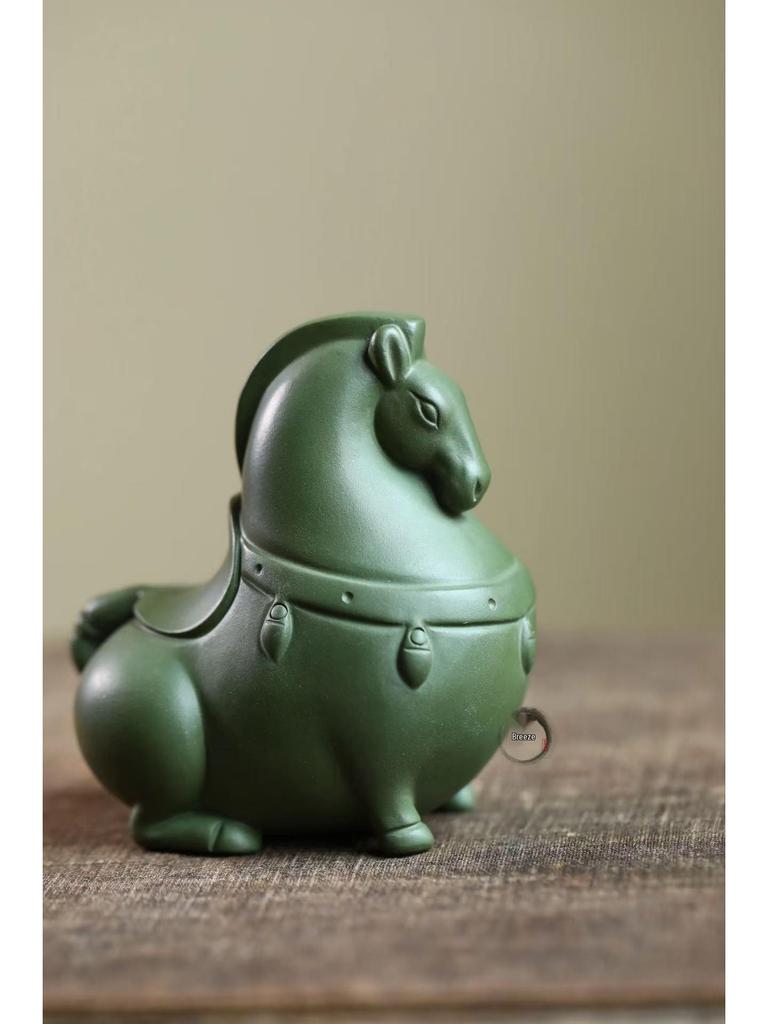 Yixing Zisha Green Horse Tea Pet Ornament for Wealth and Success