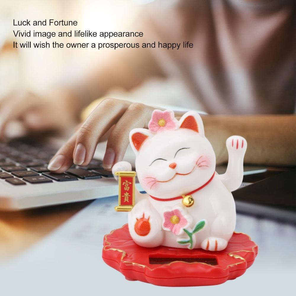 3in Solar Waving Cat Ornament ABS Light Operated Lucky Cat Decor Outdoor Porch Display Piece