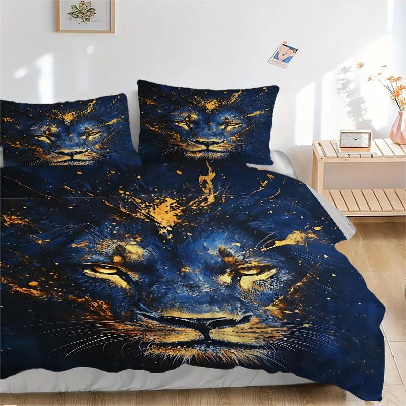 3pcs Lion Face Artwork Duvet Cover Set - Machine Washable, Includes 1 Cover and 2 Pillowcases, No Core Included Yy251013045