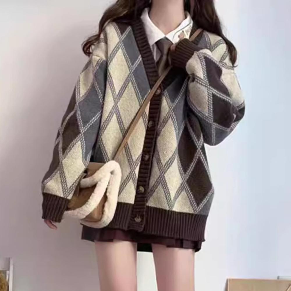 Women's Checked Cardigan Knitted Sweater Harajuku Y2k Long Sleeves V-Neck Sweater Jumper Vintage 2000s Aesthetic Clothes Autumn