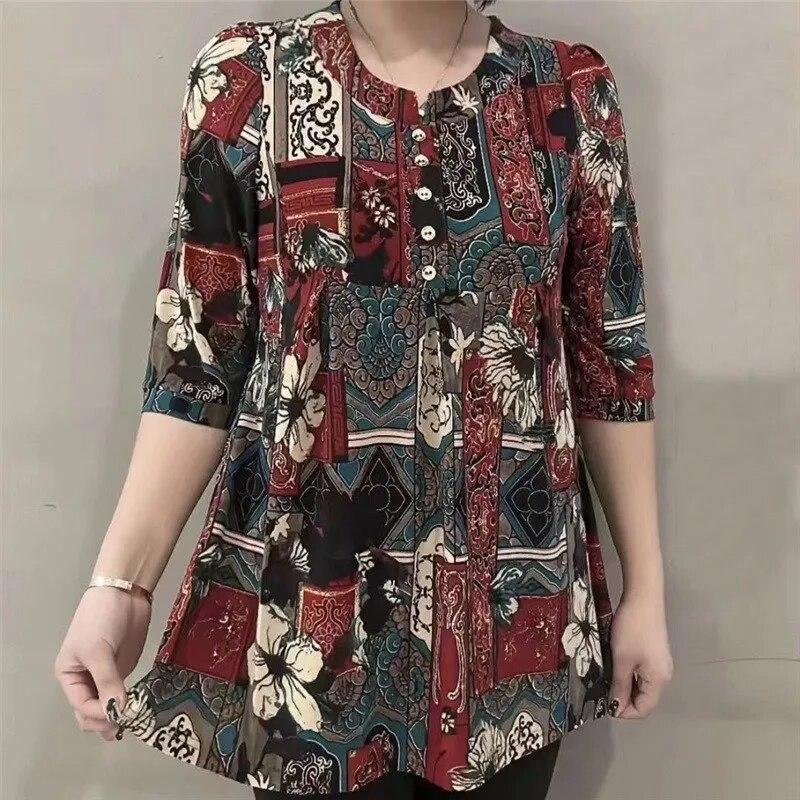 Women's Spring and Summer Plus Size Tall Elastic Loose Round Neck Mid Length Shirt Thin Section Five Minute Sleeve Shirt