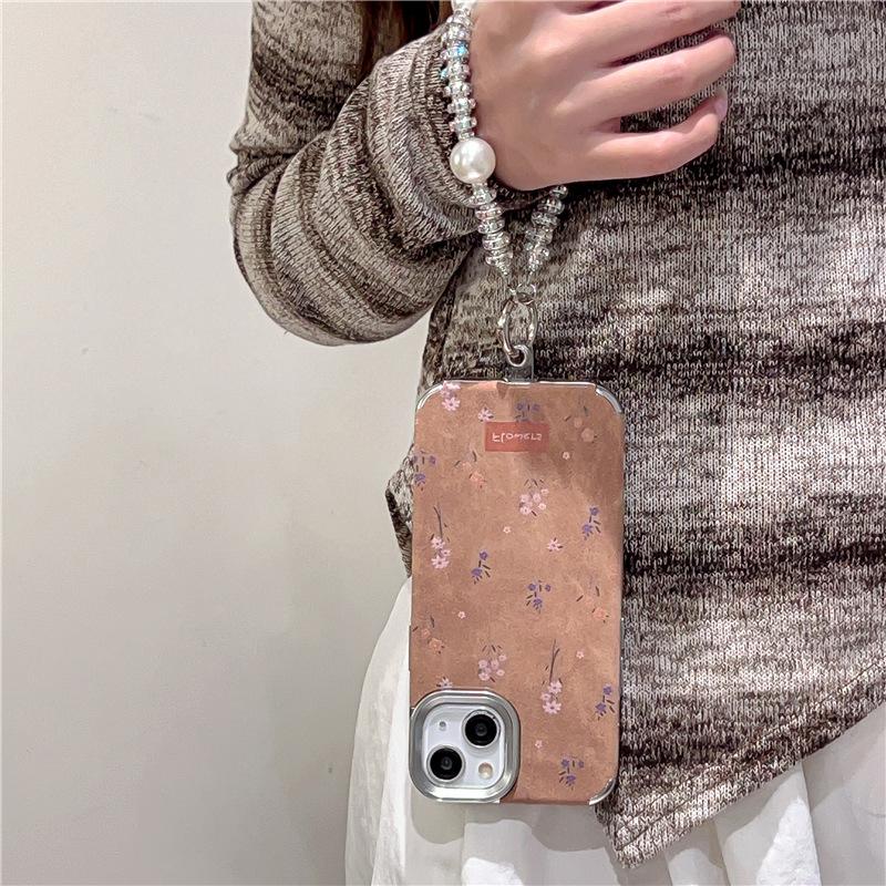 Ins Autumn and Winter Retro Brown Small Floral for Apple 16 Mobile Phone Case for IPhone15ProMax Electroplated Silver 14