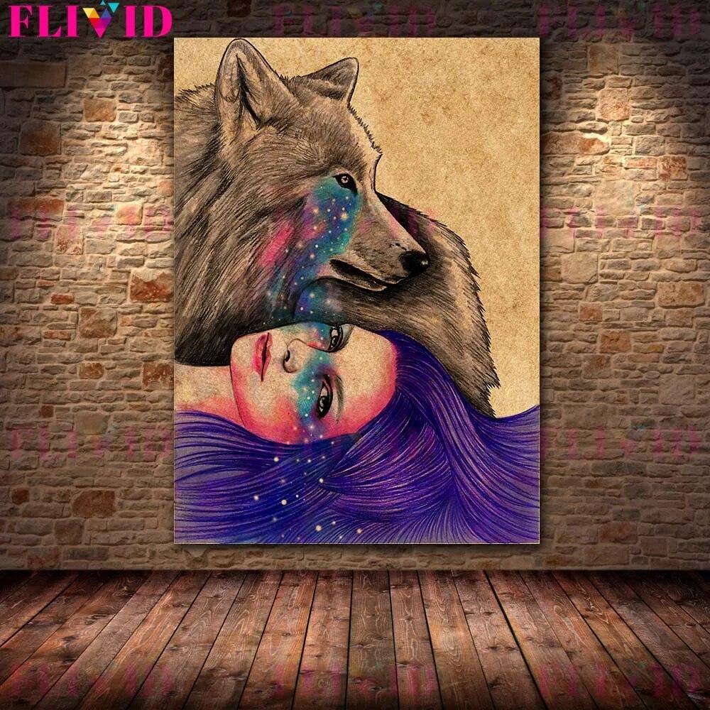Wolf Woman And And Moon Wicca Vintage Wall Art Canvas Painting Daughters Of The Moon Art Poster And Print Home Decor No Frame