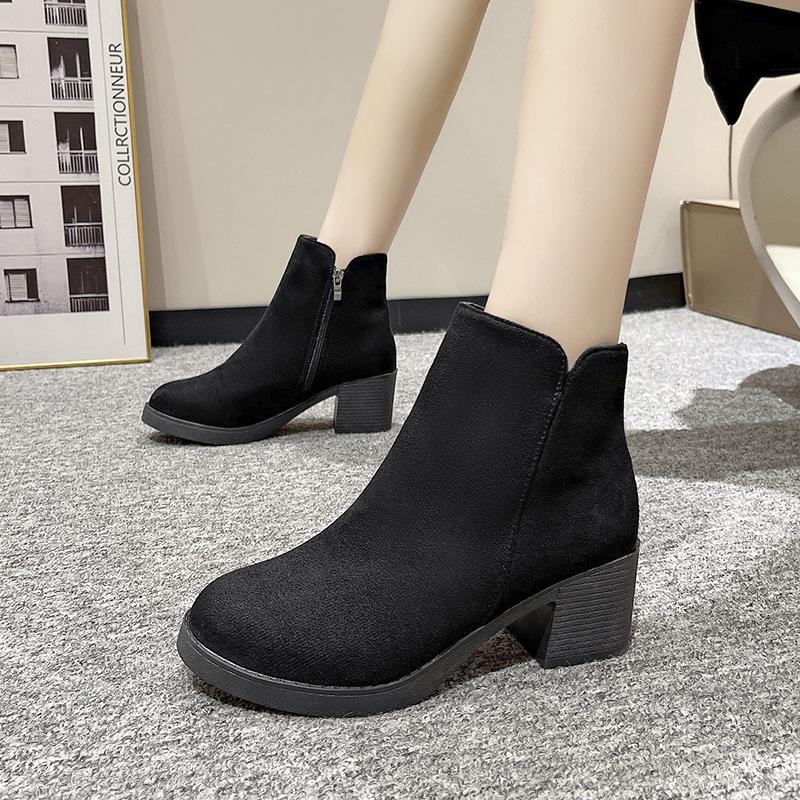 Thick-soled high-heeled zipper versatile women's autumn and winter matte thick-heeled fashion boots, velvet short boots