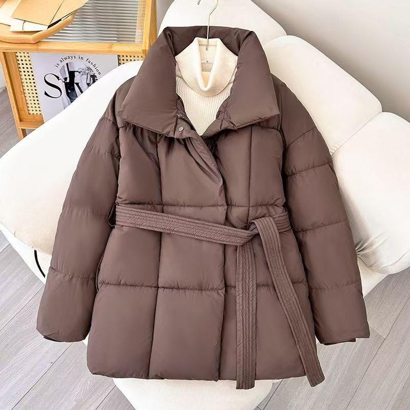 New women's waist autumn and winter stand-up collar down cotton clothes solid color lace-up women's versatile coat