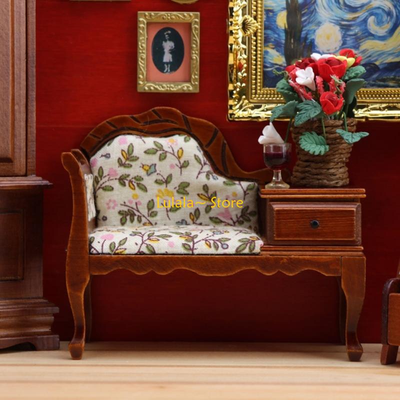 Y4QA Collector Grade 1 12 Scale Dollhouses Chaise Lounge Hand Carved Wooden Sofa Scenario Display Ready