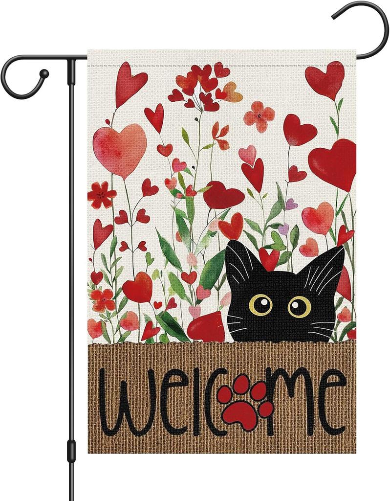 Valentines Day Garden ag 12x18 Inch Double Sided Outside, Black Cat Love Hearts ower Small Burlap Welcome Yard Outdoor