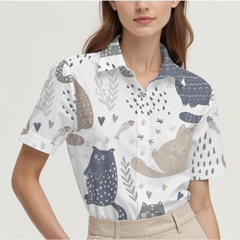 Short-sleeved Summer Shirt for Women with Cat Pattern Design, Breathable and Suitable for Everyday Wear, Fashionable and Casual
