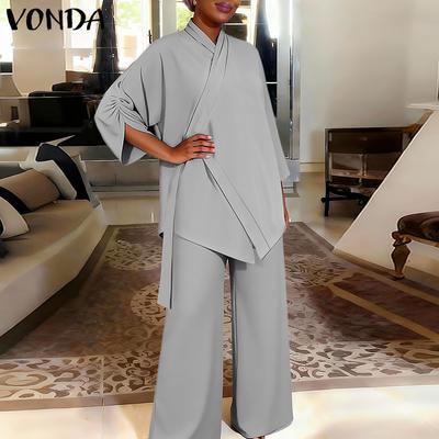 2PCS Women Sets Casual Long Sleeve Side Close Blouse and Pants Two Piece Suit