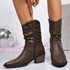 Large size pointed square heel side zipper fashion boots autumn new leather wear medium tube but knee women's boots