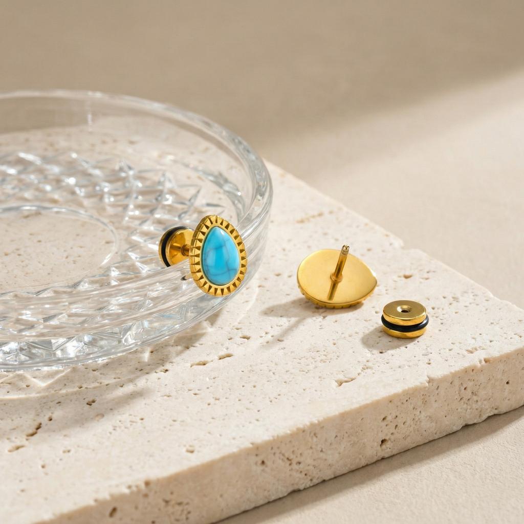 Vnox Vintage Gold Plated Water Drop Shaped Turquoise Stud Earrings, Stainless Steel Natural Stone Earrings Jewelry for Women