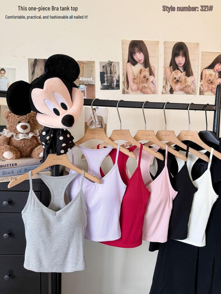 Women's Early Autumn Cutout Shoulder Sleeveless Camisole with Integrated Cups and Chest Pad - New Hot Girl Style