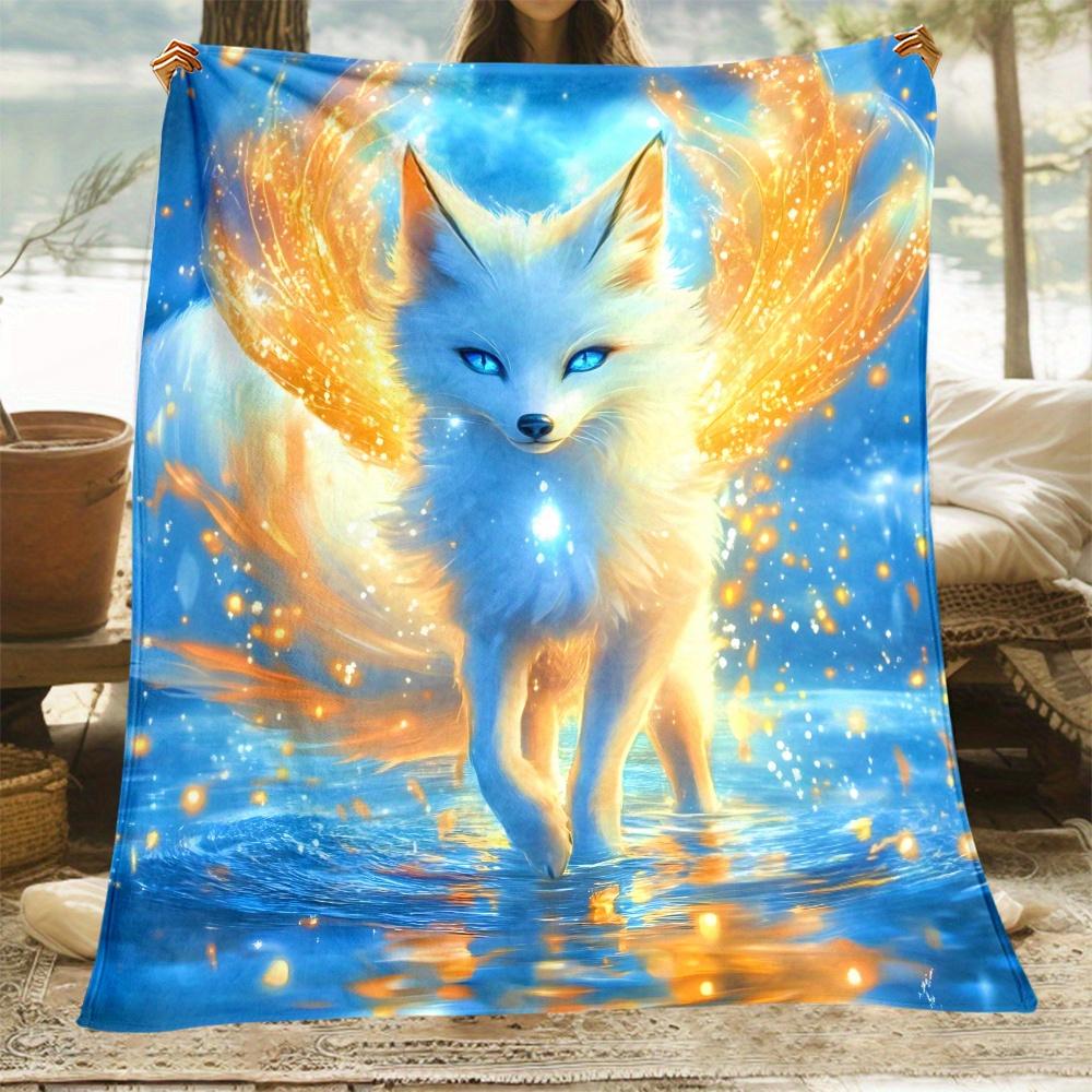 Mythical fox spirit glowing wings celestial animal fleece blanket magical fantasy art design soft throw for bedroom decoration