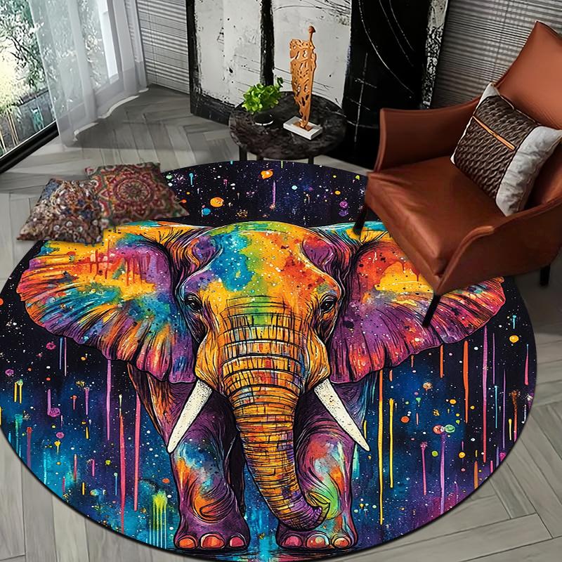 Doodle painted elephant Flannel-printed round floor mats are slip-resistant Suitable living room bedroom terrace garden carpets