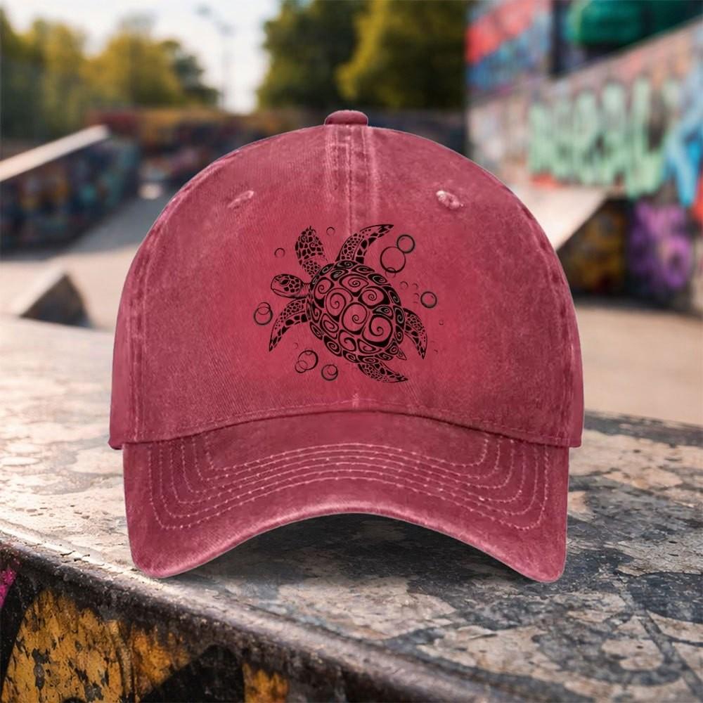 Tribal Turtle Print Washed Baseball Cap Adjustable Outdoor Accessory Unisex Cotton Duckbill Hat